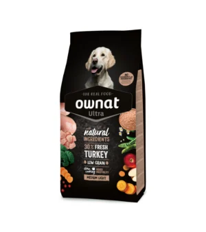 Ownat Ultra Médio Light é uma ração natural especialmente formulada para cães de porte médio com baixo nível de atividade ou tendência ao excesso de peso. Com um teor reduzido de gorduras e proteínas de alta qualidade, ajuda a manter um peso saudável, preservando a massa muscular e promovendo o bem-estar do teu cão. Feita com ingredientes naturais e cozinhada lentamente para máxima digestibilidade, esta ração oferece uma alimentação saudável e equilibrada, sem corantes, conservantes ou aditivos artificiais.