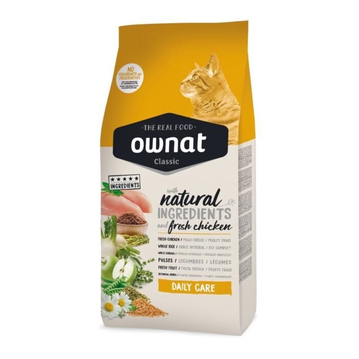 Ração para Gatos Ownat Classic Daily Care é um alimento completo e equilibrado com carne fresca, ideal para gatos de todas as raças e tamanhos com nível de atividade normal. Proporciona uma alimentação saudável e natural, rica em proteínas de alta qualidade para o bem-estar do seu gato.