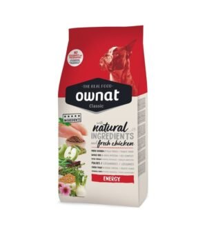 Pacote de ração Ownat Classic Energy 20Kg para cães ativos, formulada com carne fresca e ingredientes naturais para energia sustentável e musculatura forte