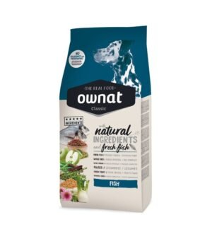 Pacote de ração Ownat Classic Peixe para cães adultos, formulada com 15% de peixe fresco e ingredientes naturais para uma pele saudável e pelo brilhante.