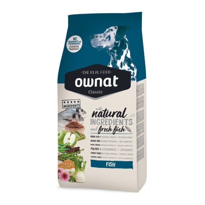 Pacote de ração Ownat Classic Peixe para cães adultos, formulada com 15% de peixe fresco e ingredientes naturais para uma pele saudável e pelo brilhante.