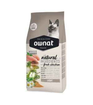 Imagem da embalagem da ração Ownat Classic Light para Gatos 4Kg, desenvolvida para ajudar no controle de peso de gatos adultos com excesso de peso, com ingredientes naturais e baixo teor de gordura