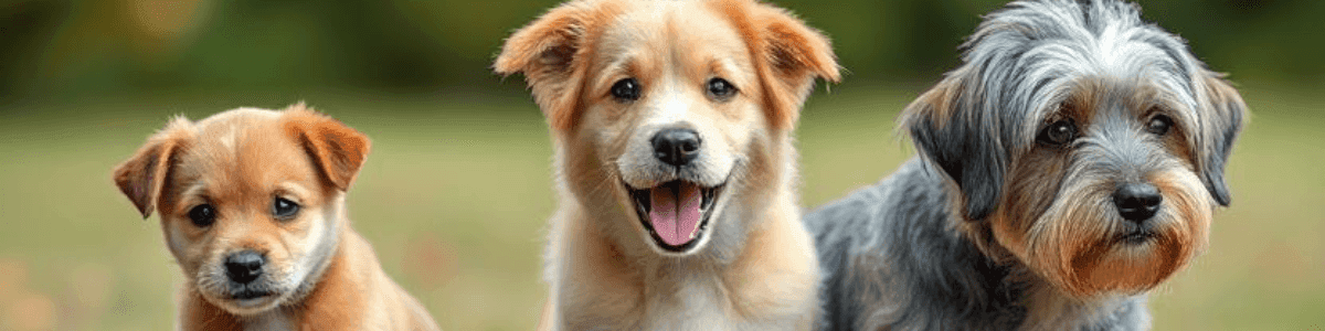 Imagem ilustrando as três fases da vida de um cão: filhote brincalhão, cão adulto ativo e cão sénior. Representa os diferentes cuidados com cão necessários ao longo da vida para garantir o seu bem-estar.