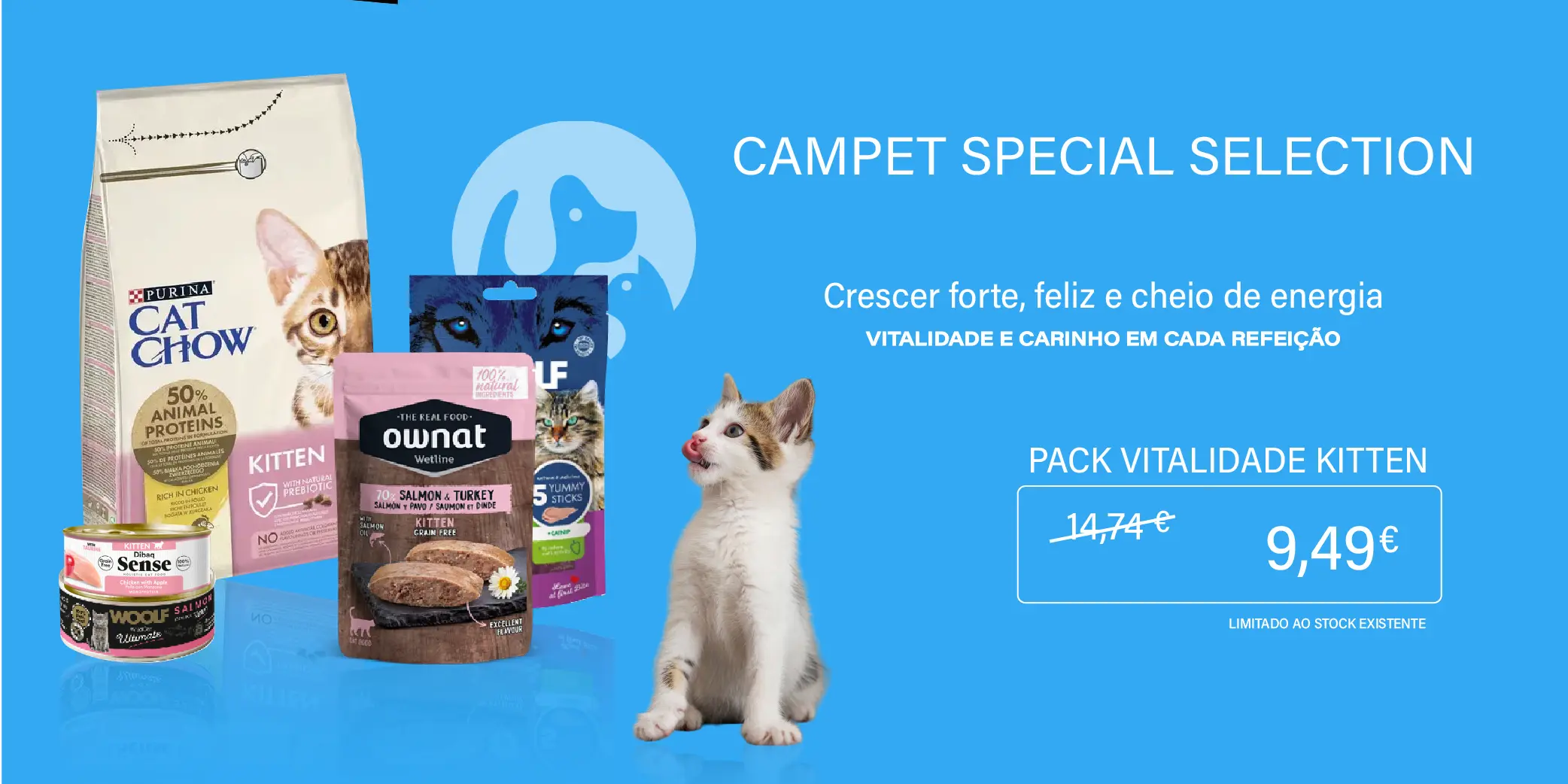 pack vitalidade kitten: ração seca cat chow kitten 1,5kg + Ownat Wetline Kitten Salmão e Peru Ração Húmida para Gatos + Woolf Ultimate Gatinhos Ração Húmida para Gato - Salmão + Sense Kitten Ração Húmida para Gato + Woolf Wildcat Creme Snack para Gato - Vaca e Óleo de Camarão