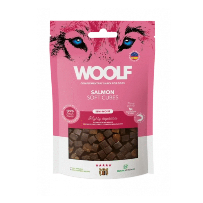 Woolf Semihúmido Cubos de Salmão Snack para Cão